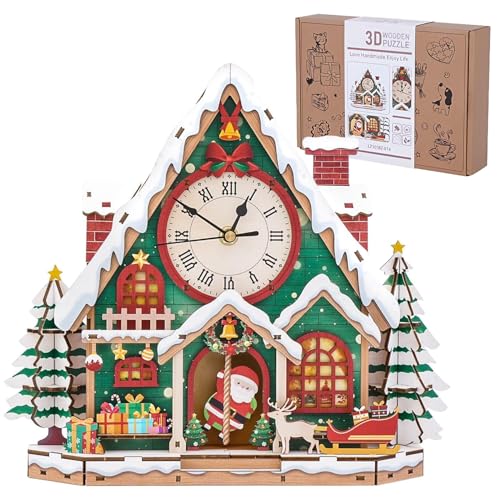 3D Puzzles for Adults, Christmas Snow House Wall Clock 3D Wooden Puzzles Clock Kits for DIY Birthday Gift for Women Men Home Decor Holiday Christmas - color: Christmas Snow House