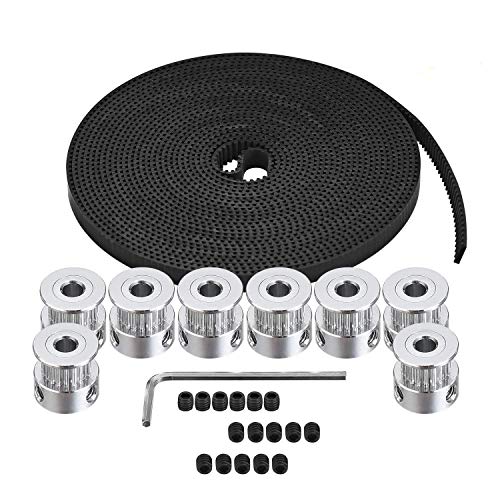 Zeelo GT2 Timing Belt Pulley, 8pcs 5mm 20 Teeth Timing Pulley Wheel and GT2 5 Meters Rubber 2mm Pitch 6mm Wide Timing Belt with Allen Wrench for 3D Printer CNC - color: 5M+8 SET