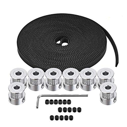 Zeelo GT2 Timing Belt Pulley, 8pcs 5mm 20 Teeth Timing Pulley Wheel and GT2 5 Meters Rubber 2mm Pitch 6mm Wide Timing Belt with Allen Wrench for 3D Printer CNC - color: 5M+8 SET