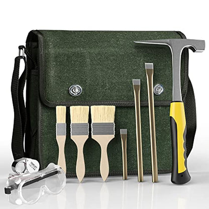 10PCS Geology Rock Pick Hammer Kit, Geology Hammer Tools,32oz Hammer & 3 PCS Digging Chisels Set for Rock Hounding, with Musette Bag, jewelers loupe,Safety Goggles,3Brushes.