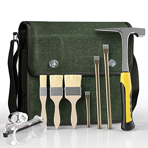 10PCS Geology Rock Pick Hammer Kit, Geology Hammer Tools,32oz Hammer & 3 PCS Digging Chisels Set for Rock Hounding, with Musette Bag, jewelers loupe,Safety Goggles,3Brushes.