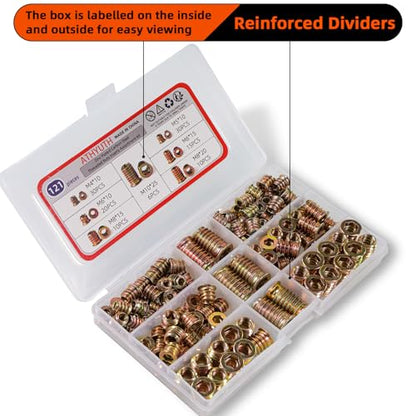 Threaded Inserts for Wood, 121 Pieces Zinc Plated Steel Thread Insert Nuts Assortment kit for Hardwoods, Hex Socket Flanged Threaded Wood Inserts M4 M5 M6 M8 M10 Screw Inserts for Wooden Furniture