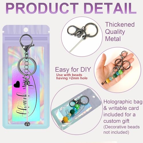 42/84/126 Pcs Beadable Keychain Bars Bulk Blank DIY Beaded Keychain Making Supplies with Bag Thank You Card - color: Black