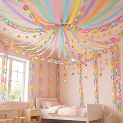 700 Sheet Macaron Paper Chain Strips and 52 ft Gold Star Garland Set - color: Macaron-700pc