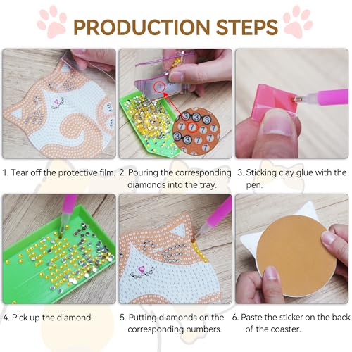 Vcekract 6 Pcs Cat Diamond Art Coasters Kit for Adults - color: Cat Coasters