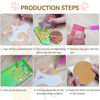 Vcekract 6 Pcs Cat Diamond Art Coasters Kit for Adults - color: Cat Coasters