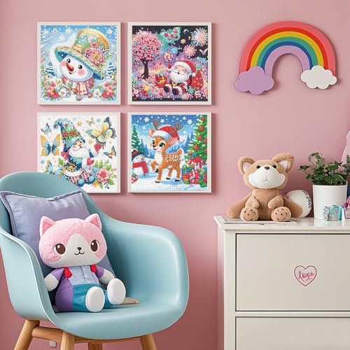 PERFECTSIGHT Cute 5D Diamond Art Kits, Kawaii DIY Painting Art for Adults Teen, 4 Pack Diamond Arts and Crafts Sets, Big Gem Full Drill Diamond Dots for Women (Christmas) - style: Christmas