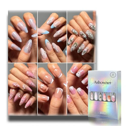 Press on Nails, 6 Packs (144 Pcs) Medium Almond Sets, Wedding French - color: Wedding French Floral