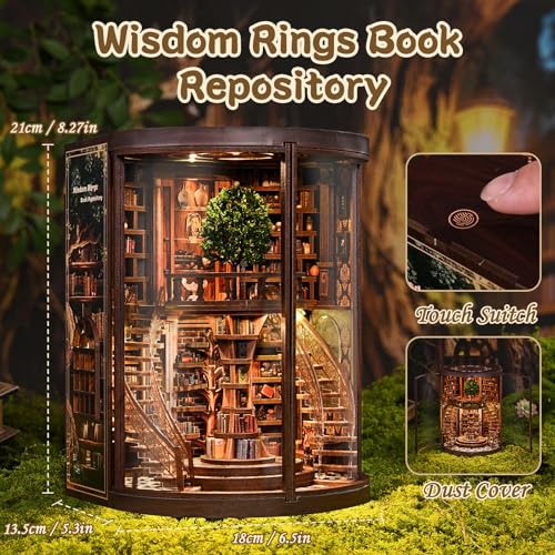 DIY Book Nook Kit with LED Light, Miniature Dollhouse, 3D Wooden Puzzle, Bookshelf Insert Decor Craft Gift (Wisdom Rings Book Repository) - style: Wisdom Rings Book Repository