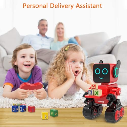 Robots for Kids, Remote Control Robot Toy Intelligent Interactive LED Light Speaks Dance Moves Built-in Coin Bank Programmable Rechargeable RC Robotic Kit (Red) - color: Red