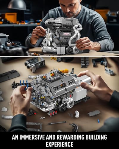 Mould King 10201 W16 Engine Model Kit, MOC Bug Supercar Engine Model with Battery and Motor, Collectable 16-Cylinder Car Engine Transmission, Shiftable Gear Operation for Adults (2024+ PCS) - style: MK-10201 engine
