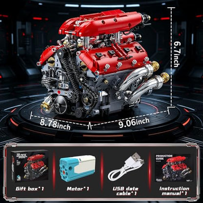 OWNONE 1 V8 Engine Model Kit that Runs, 1370PCS 8-Cylinder Engine Building Blocks Set with Motor, Build Your Own Visible Working Model Car Engineering Block Kit, STEM Toy for Adults Kids Gifts