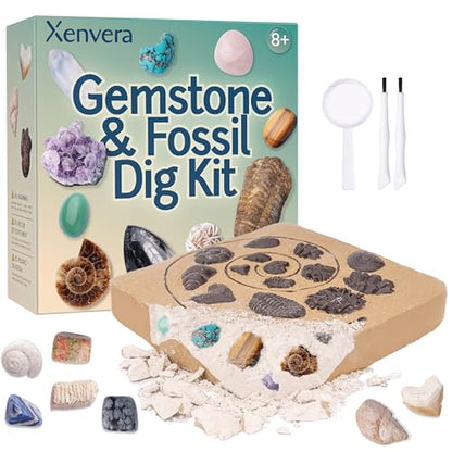 Gemstone and Fossil Dig Kit – Excavate 10 Gems and 10 Fossils, STEM Geology Set, Educational Toy, Science Kit for Kids Ages 8+