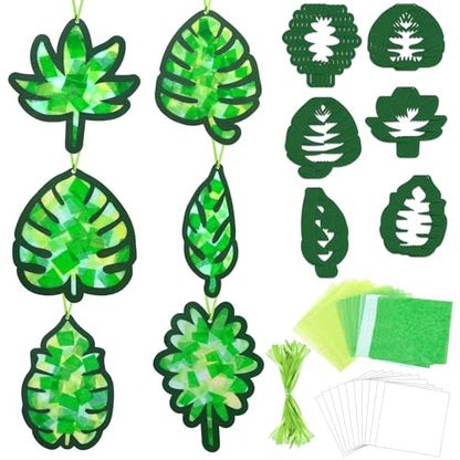 Qyeahkj 36 Set Palm Sunday Suncatchers Crafts for DIY Easter Palm Leaves Window Tissue Paper Crafts Kit Green Leaf Hanging Decor for Spring Home Activity Art Project Party Favor Gift - style: Palm Leaves