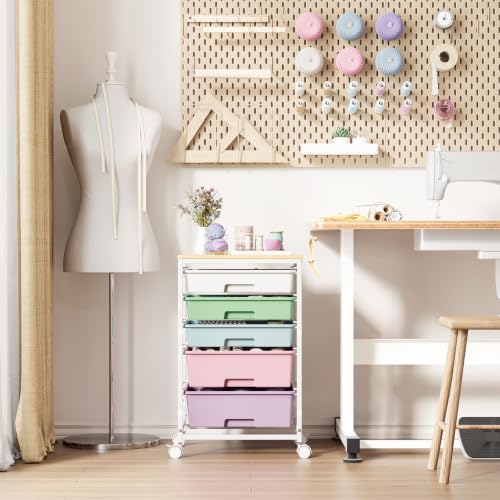 SYKIARIOL 5-Tier Rolling Cart with Drawers with Wooden Top, Ice Cream - color: Ice Cream