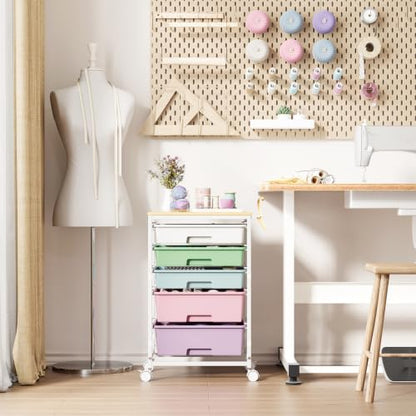 SYKIARIOL 5-Tier Rolling Cart with Drawers with Wooden Top, Ice Cream - color: Ice Cream