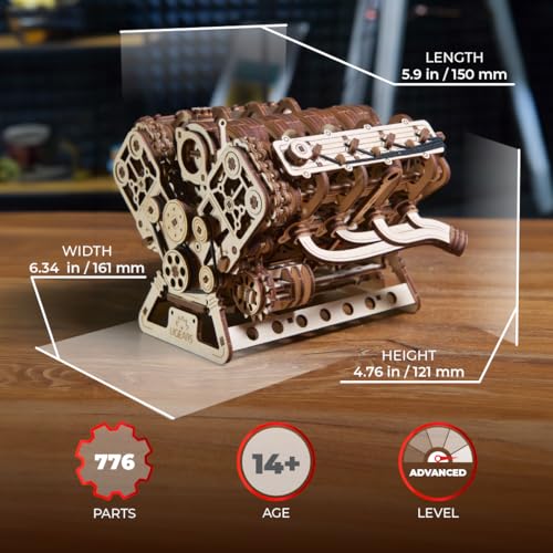 UGEARS V8 Engine Wooden Model Kits for Adults to Build – 3D Wooden Puzzles for Adults Mechanical Model Building – DIY Kit Functional Model Engine Kits Replica with Electric Motor - 776 Pcs