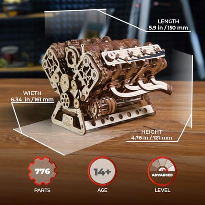 UGEARS V8 Engine Wooden Model Kits for Adults to Build – 3D Wooden Puzzles for Adults Mechanical Model Building – DIY Kit Functional Model Engine Kits Replica with Electric Motor - 776 Pcs