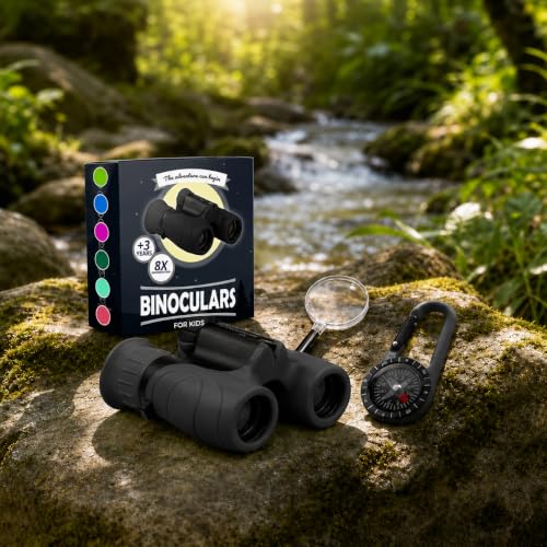 Binoculars for Kids – Perfect Toy for Little Boys and Girls – Extensive Set Incl. Magnifying Glass & Compass – Powerful Magnification 8X21 – 3 to 12 Year Old Kids for Toddler - color: Black