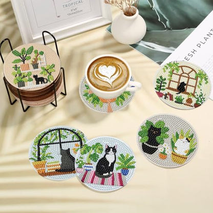 Xylogist 8 Pcs Cat Diamond Art Coasters with Holder 4X4 inch - color: Black Cat Coasters