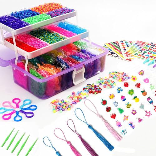 YITOHOP 15000+ Rubber Loom Bands, Mega Rubber Bands Bracelet Kit,Loom Bracelet Making Kit with 3 Layer Container,30 Colors,380 Beads,30 Charms,Clips, Hooks Tools for DIY Art Holiday Gift - color: purple