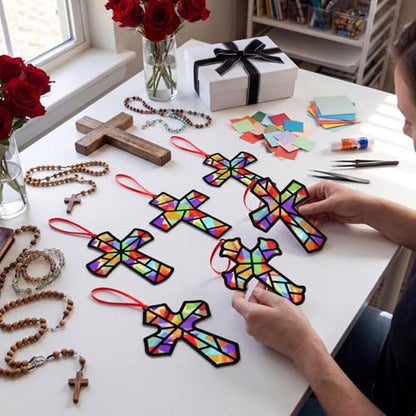 Renbuzhu 48PCS Sunday School VBS Crafts Bulk: Paper Cross Nativity Suncatchers, Jesus Religious Christian Activity DIY Kits Church Decorations, Window Stained Glass Effect Art Supplies - style: religious cross