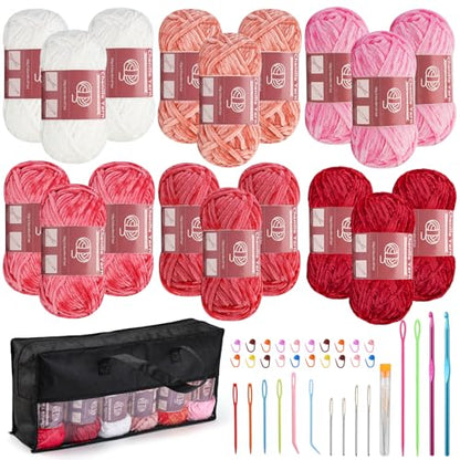 LUNARM Chenille Yarn for Crochet Knitting Chunky Blanket Velvet Yarn - color: 18 Skeins-Pink Series