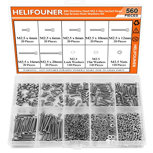 HELIFOUNER 560 Pieces M2.5 x 4mm /6mm /8mm /10mm /12mm /16mm /20mm, Hex Socket Head Cap Screws Bolts Washers Nuts Kit, 304 Stainless Steel - size: M2.5, style: Hex Socket Head Cap