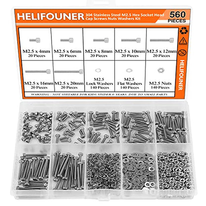HELIFOUNER 560 Pieces M2.5 x 4mm /6mm /8mm /10mm /12mm /16mm /20mm, Hex Socket Head Cap Screws Bolts Washers Nuts Kit, 304 Stainless Steel - size: M2.5, style: Hex Socket Head Cap