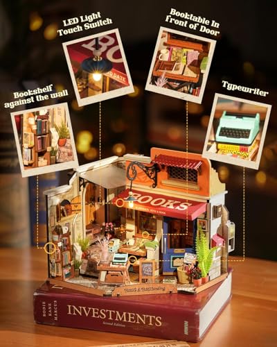 Rowood Miniature House Kit,Mother's Day Mini House Building Kit with LED,DIY Dollhouse Craft Kits for Adults,Birthday for Women Ages 14+(Corner Bookstore) - style: Corner Bookstore