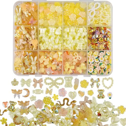 850 Pieces 3D Butterfly Rose Flower Bow Rabbit Bear Nail Charms Kit with Nail Art Rhinestones Pearls Crystal Gems Nail Slices for Manicure DIY Crafts Jewelry Accessories (Yellow) - color: Yellow