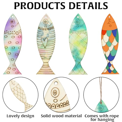 36Pcs Wooden Fish Decor Cutouts - 4 Styles DIY Crafts to Paint Shapes for Animal Decorations, Ornaments With Hemp Rope for Personalization