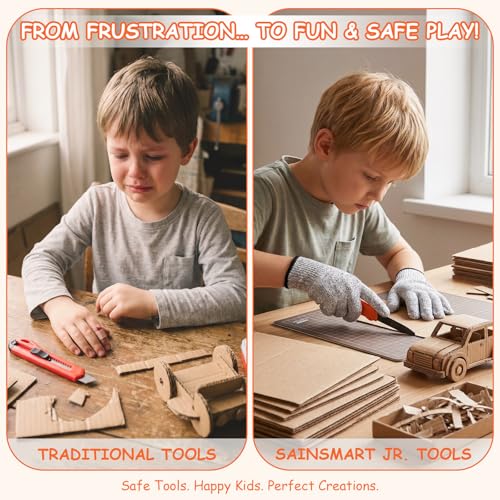SainSmart Jr. 228 PCS Cardboard Construction Kit, Cardboard Tools for Kids STEM Projects, Classroom & Family DIY Activities | Reusable Cutting Tools with Safe Cutter, Tool Box & Tape Measure - size: 228 PCS