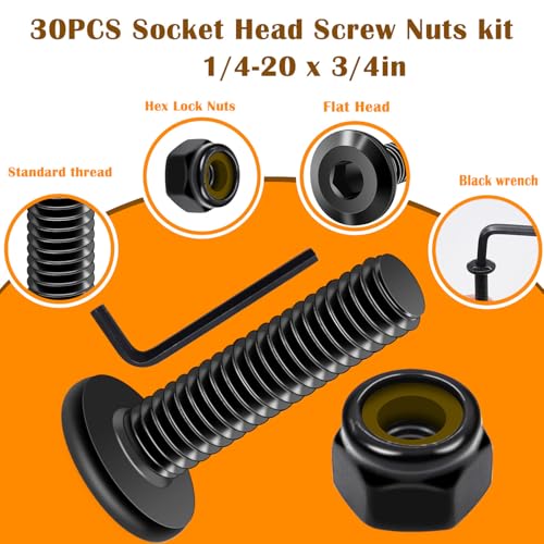 weideer 30pcs 1/4-20 x 3/4" Nuts and Bolts Kit, Stainless Steel 18-8 (304) Flat Head Hex Socket Cap Furniture Bolts,Nylon Insert Hex Lock Nuts with Hex Spanner - size: 1/4-20x3/4", style: Flat Head Hex