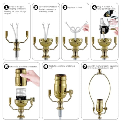 Lamp Making Kit,Make a Lamp or Repair Kit,3-Way Lamp Socket with Matching Cord Lamp Harp Set,Lamp Wiring Kit for Table Floor Lamp,Essential Hardware for DIY Lamp Design or Repair (Gold, 1) - style: Gold