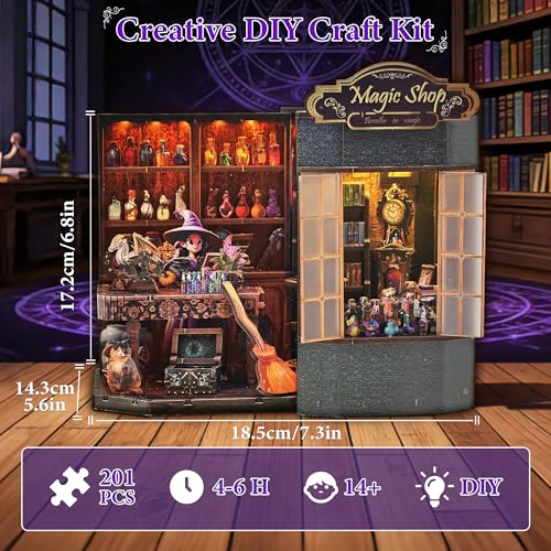 Book Nook Kit – DIY Miniature House Dollhouse for Adults & Teens, 3D Wooden Puzzle Tiny House Bookshelf Insert with LED Lights, Magic Booknook Library Decor Gift for Halloween & Christmas - style: Magic Shop