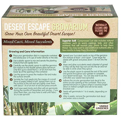 Grow Your Own Desert Escape in A Quality Glass Terrarium Starter Kit with Complete Supplies - Easy to Maintain Indoor Cacti and Succulents - Over A Dozen Desert Plants That Will Last for Years! - style: Desert Escape Growarium