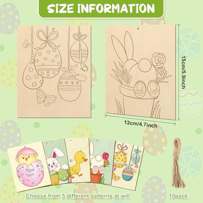 COCHIE 10 Pieces Large Easter Unfinished Wood Crafts to Paint for Adults, Bulk Predrilled Wooden Ornaments for Painting, Bunny Duck Eggs Paintable Wood Slices Craft Supplies with Ropes - color: Easter