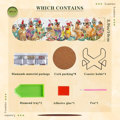 Leatrice 8 Pcs Diamond Art Coasters Small Diamond Painting Kits for Adults - color: AA Chicken