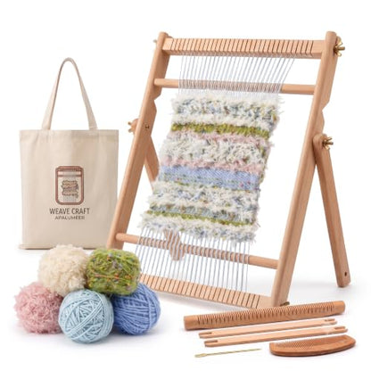Weaving Loom for Adults & Kids - Weaving Loom Kit | Beginner-Friendly Table Loom & Lap Loom with Yarn, Canvas Tote Bag,Tools & Instructions | Wooden Loom for Multicraft Projects (15.8 x 11.8 inches)
