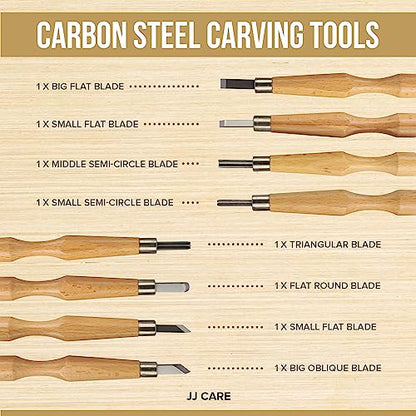 JJ CARE Wood Carving Kit [8 SK7 Carving Knives with Beechwood Handle, 10 Basswood Carving Blocks, Carrying Case, Whittling Book], Beginner Wood Carving Kit - size: Set B