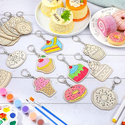 Trnayi 36 Pcs Dessert Unfinished Wood Keychain Color Your Own DIY Craft - style: Ice Cream