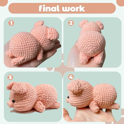 JueRum Pig Crochet Kit for Beginners Adult All-in-One Amigurumi Crochet Kit - color: Pink Pig