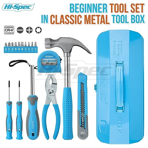 Hi-Spec Beginner Tool Kit with Metal Box for DIY Starters and Kids, Blue