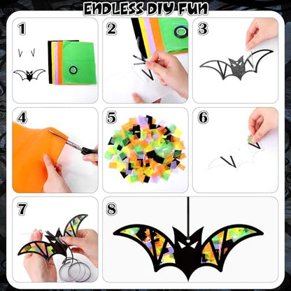 Aneco 24 Sets Halloween Bat Crafts Kits DIY Suncatcher Tissue Sign Paper Craft Halloween Hanging Decorations Window Art Ornaments Decor for School Party Holiday Home Activities - style: Halloween Bats