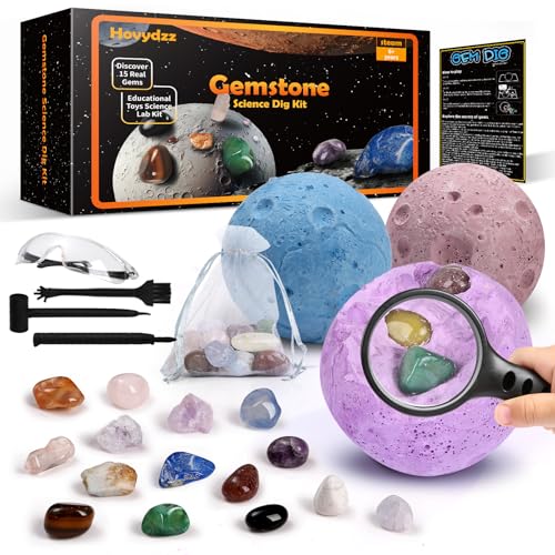Gemstones Dig Kit, Science Kit for Kids, Dig up 15 Real Gems & Explore Solar System, STEM Educational Mining Space Toys, Archaeology Geology Science Experiments Gift for Boys&Girls Age 6-8-12
