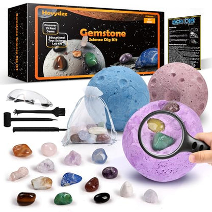 Gemstones Dig Kit, Science Kit for Kids, Dig up 15 Real Gems & Explore Solar System, STEM Educational Mining Space Toys, Archaeology Geology Science Experiments Gift for Boys&Girls Age 6-8-12