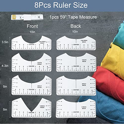 9Pcs Tshirt-Ruler Guide to Center Vinyl, Transparent V-Neck/Round PVC Ruler for Alignment, Heat Press, Children Youth Adult, Front and Back Measurement (10in) - style: Tshirt Ruler-9-Balck