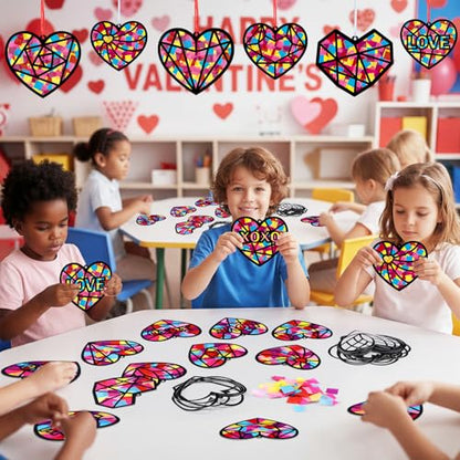 Tinlade 48 Set Valentine's Day Suncatchers Crafts Kit Valentines Heart DIY Window Stained Glass Tissue Paper Red Love Hanging Ornaments Make Your Own Suncatcher Summer Home School Classroom Activities - style: Valentines