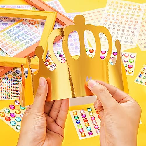 Gold Paper Crowns, Diy Birthday King Crowns Craft to Decorate, Paper Prince Princess Crown Hats for School Classroom - style: 46(30 Crowns+16 Sticker Gems)